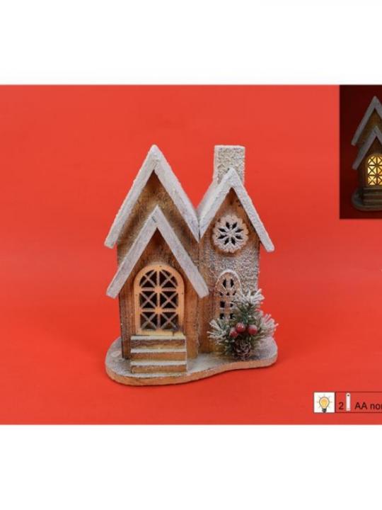 Casetta Legno C/Luci Natarale C/Glitter